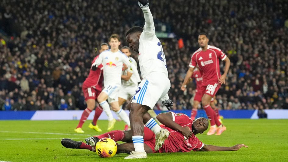 Ibrahima Konate fouls Leeds' Wilfried Gnonto