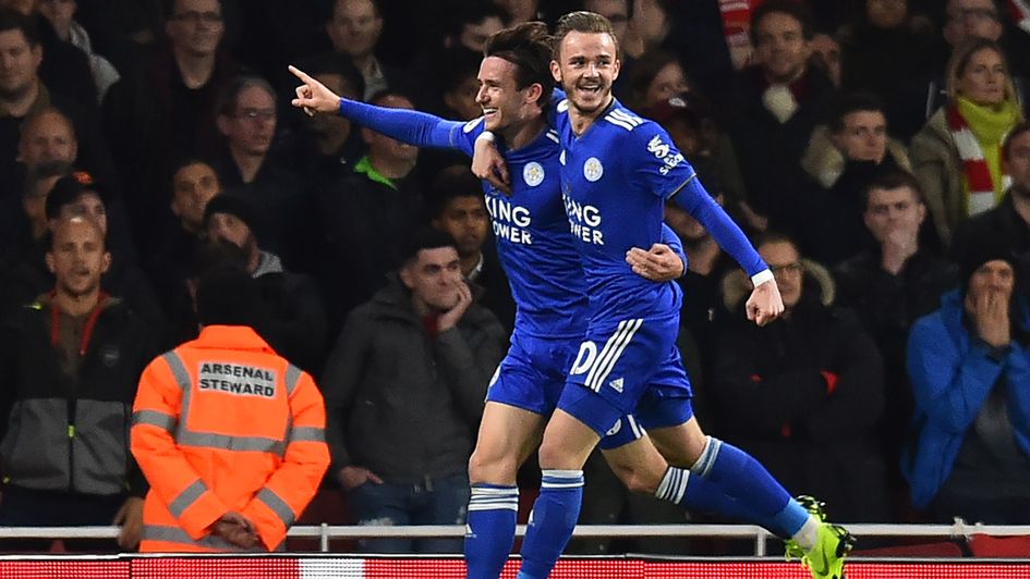 Ben Chilwell (left) celebrates his goal for Leicester at Arsenal with James Maddison
