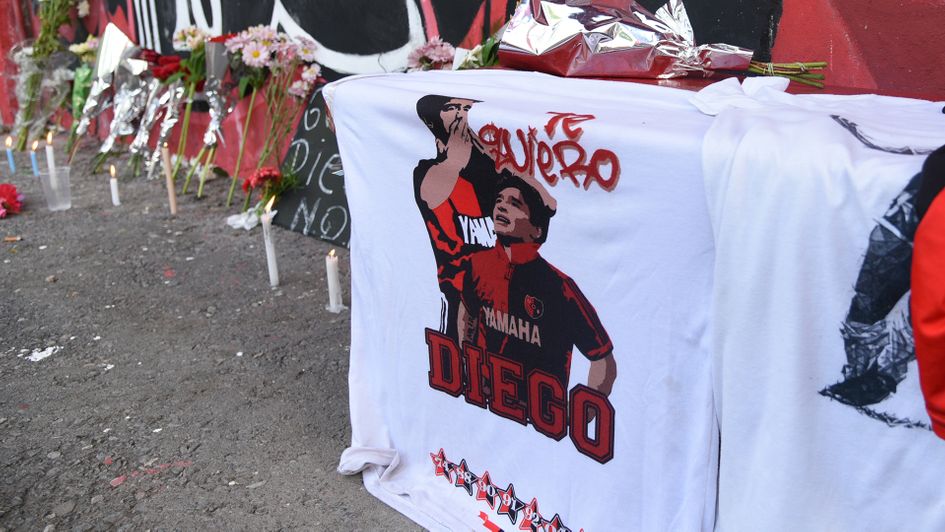 Tributes are paid to Diego Maradona outside the Estadio Marcelo Bielsa in Argentina