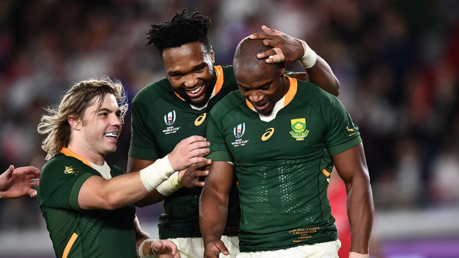 South Africa celebrate Makazole Mapimpi's try against England in the 2019 World Cup final