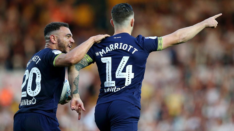 Derby celebrate Jack Marriott's goal at Leeds in the Sky Bet Championship play-offs