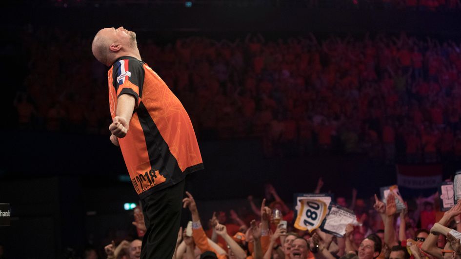 Raymond van Barneveld celebrates his win over MVG in Rotterdam (Picture: Lawrence Lustig/PDC)