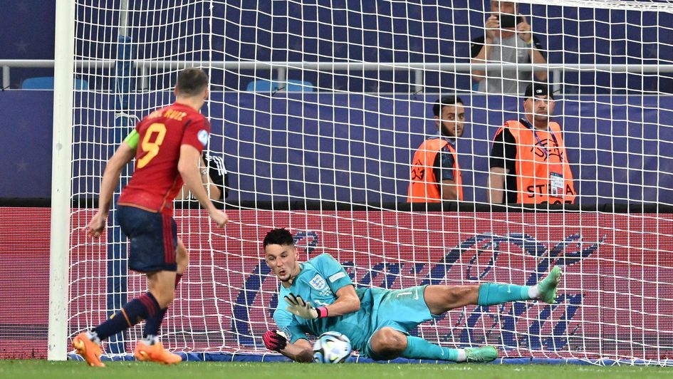 England goalkeeper James Trafford saves a penalty from Spain's Abel Ruiz