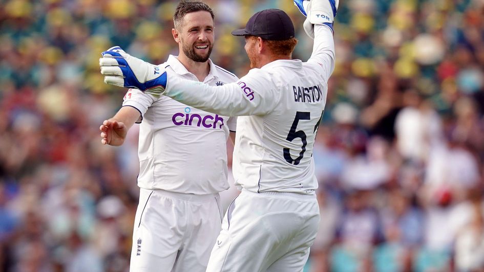 Chris Woakes and Jonny Bairstow celebrate