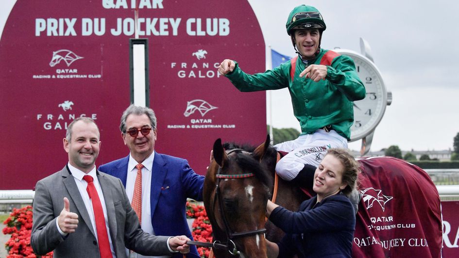 Christophe Soumillon celebrates on Vadeni