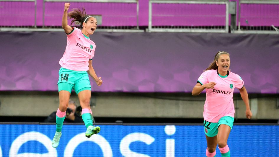 Barcelona's Aitana Bonmati (left) celebrates