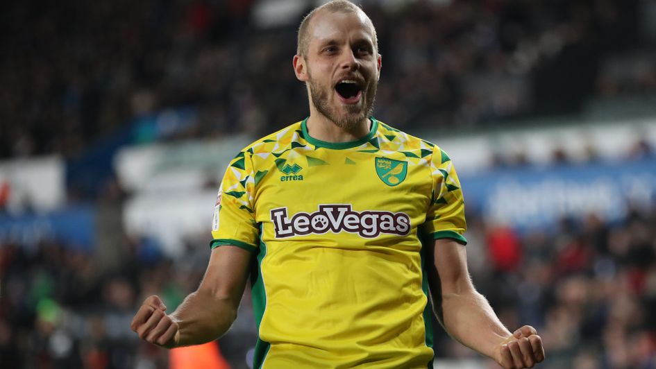 Norwich City's Teemu Pukki celebrates his goal at Swansea