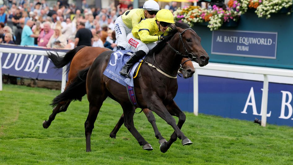 Lifeplan, ridden by Zak Wheatley, on his way to winning the Al Basti Equiworld Dubai Gimcrack Stakes