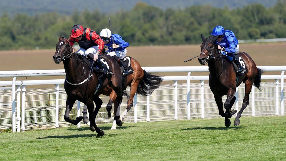 Shayem goes past Catullus (white cap) before holding on from Talk Of New York (right)