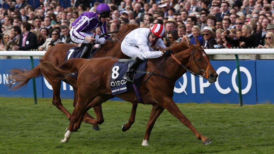 Kieran Fallon looks across to Kingman as Night Of Thunder wins the Guineas