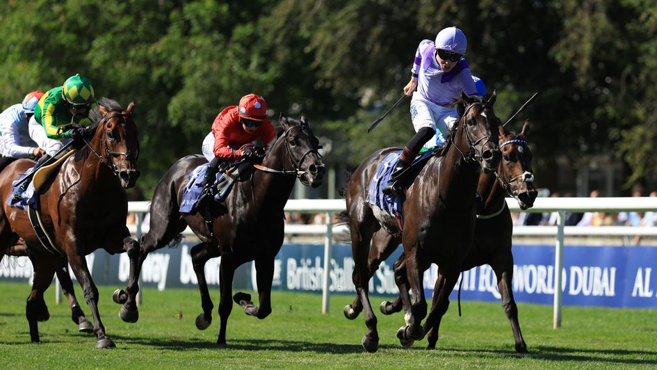 Billy Loughnane celebrates as Comanche Brave wins the July Cup