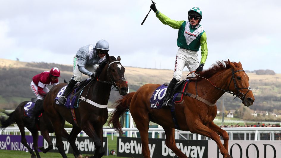 Harry Cobden salutes the Cheltenham crowd on Topofthegame