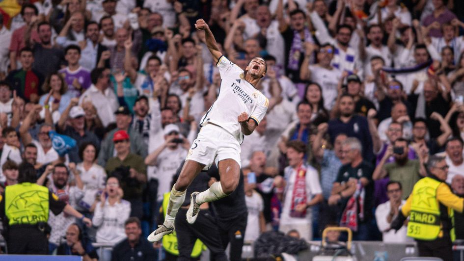 Jude Bellingham celebrates scoring Real Madrid's winner in midweek against Union Berlin
