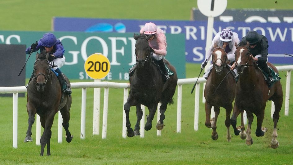 William Buick riding Pinatubo to win the Goffs Vincent O'Brien National Stakes at the Curragh