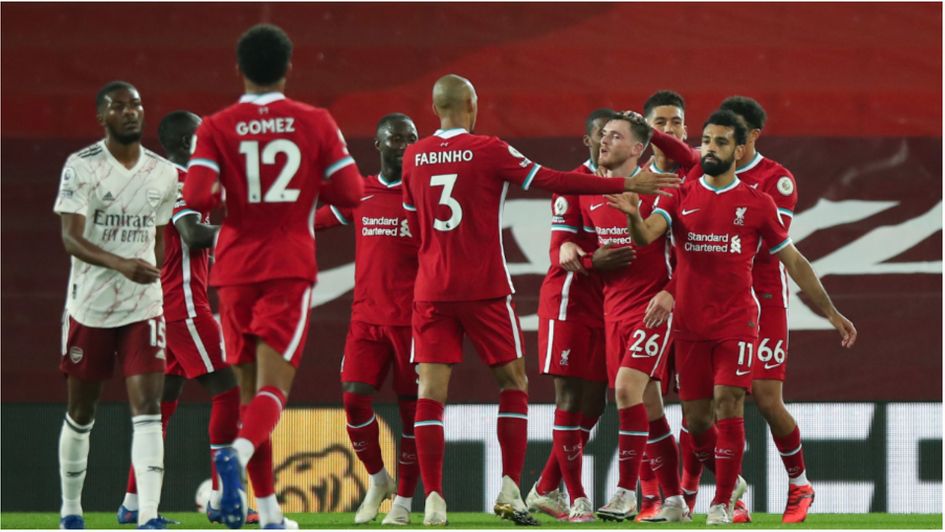 Liverpool celebrate as they beat Arsenal in the Premier League at Anfield