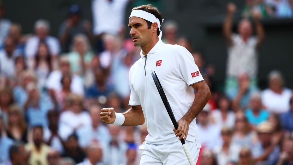 Roger Federer: Swiss ace celebrates during his semi-final victory over Rafa Nadal at Wimbledon 2019