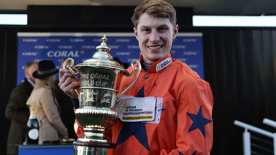 Tristan Durrell pictured after winning the Coral Gold Cup on Panic Attack