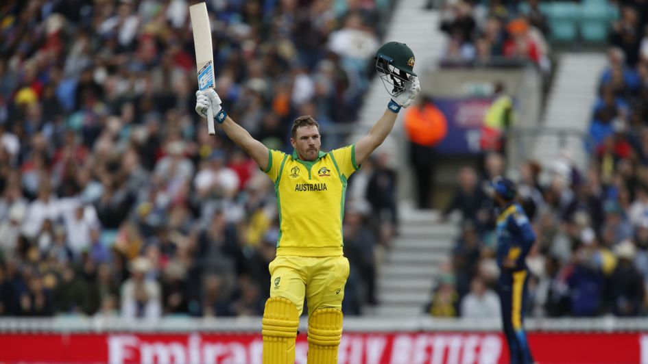 Aaron Finch celebrates his century in Australia's Cricket World Cup win over Sri Lanka