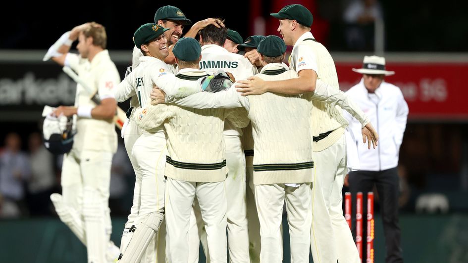 Pat Cummins celebrates the wicket of Ollie Robinson