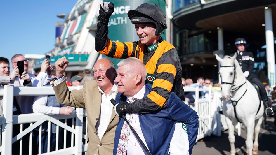 Patrick Mullins celebrates Nick Rockett's Grand National win