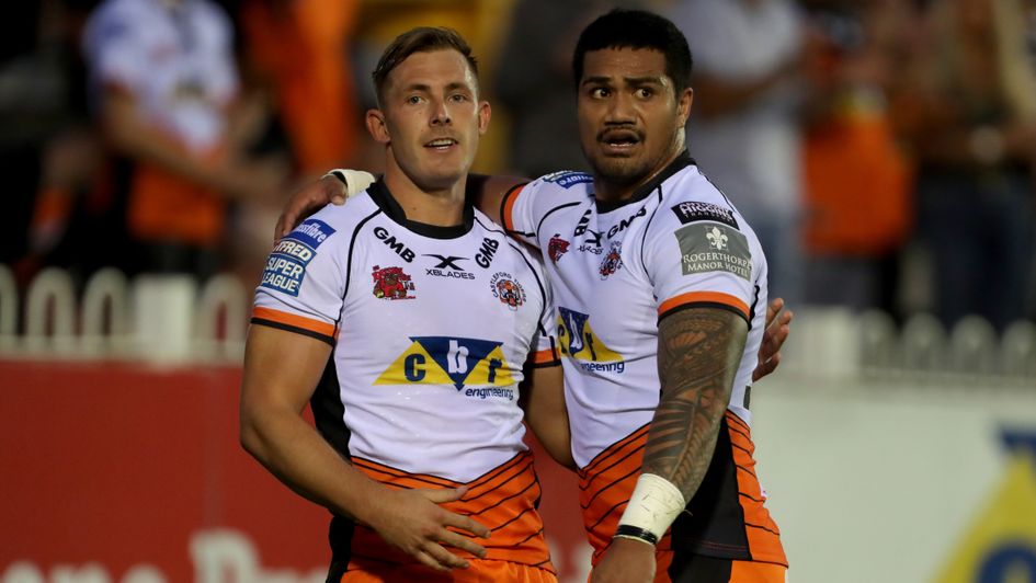 Greg Eden is congratulated by Castleford Tigers team-mate Peter Matautia