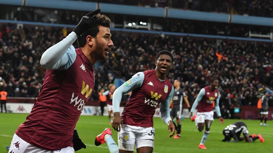 Trezeguet: Celebrations after the Aston Villa forward's injury-time winner against Leicester in the Carabao Cup semi-final