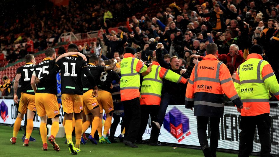Newport celebrate their last-gasp equaliser at Middlesbrough