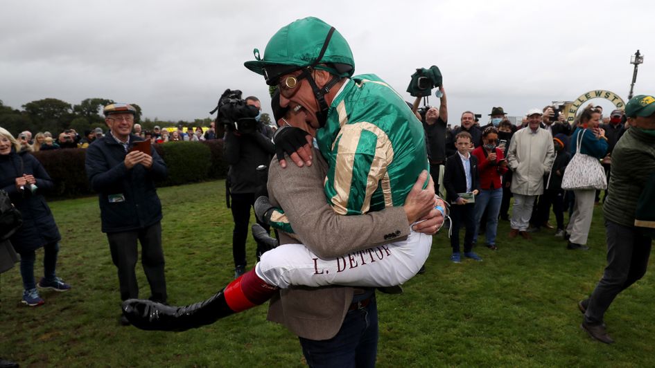 Frankie Dettori celebrates after winning at Bellewstown