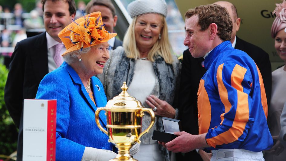 The Queen congratulates Ryan Moore after the Gold Cup