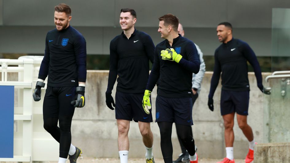 Jack Butland (left) and Tom Heaton (third from left) in England training