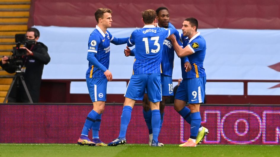 Brighton celebrate Danny Welbeck's goal at Aston Villa
