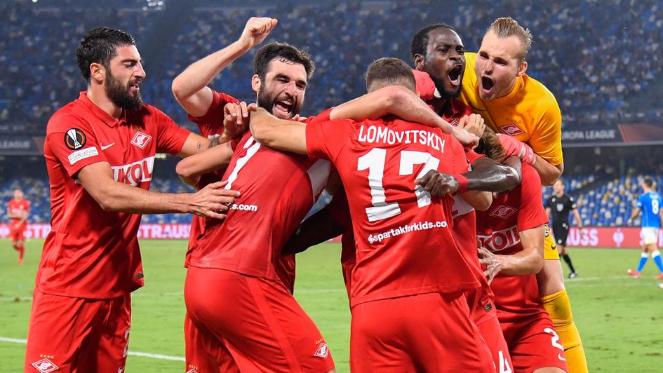 Spartak Moscow players celebrate during victory over Napoli