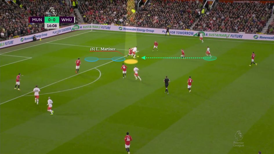 Martinez tracking Scamacca aggressively when he drops deep