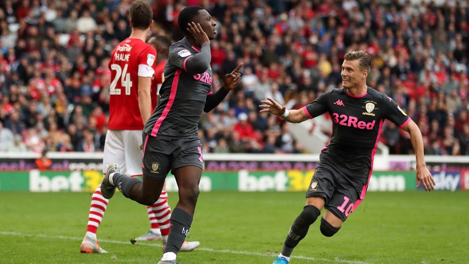 Eddie Nketiah (left): Leeds forward celebrates his goal against Barnsley with Gjanni Alioski
