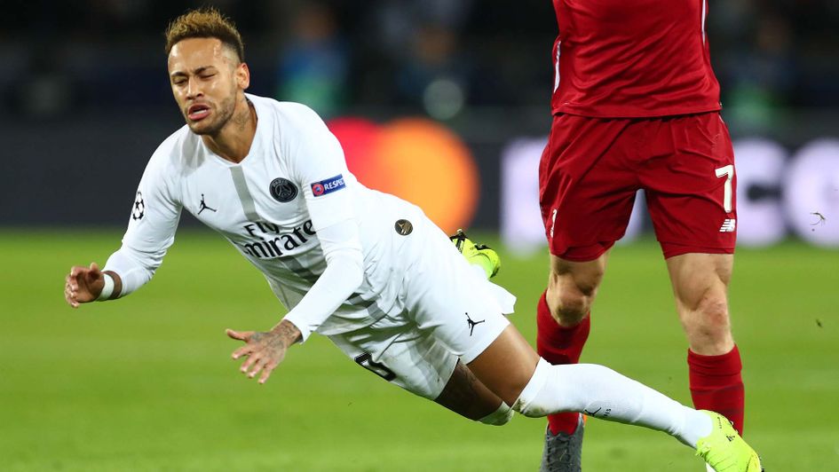 Neymar of PSG hits the ground against Liverpool in the Champions League