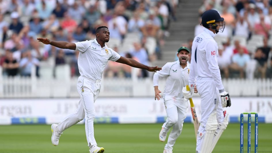 South Africa celebrate taking an England wicket on day one at Lord's