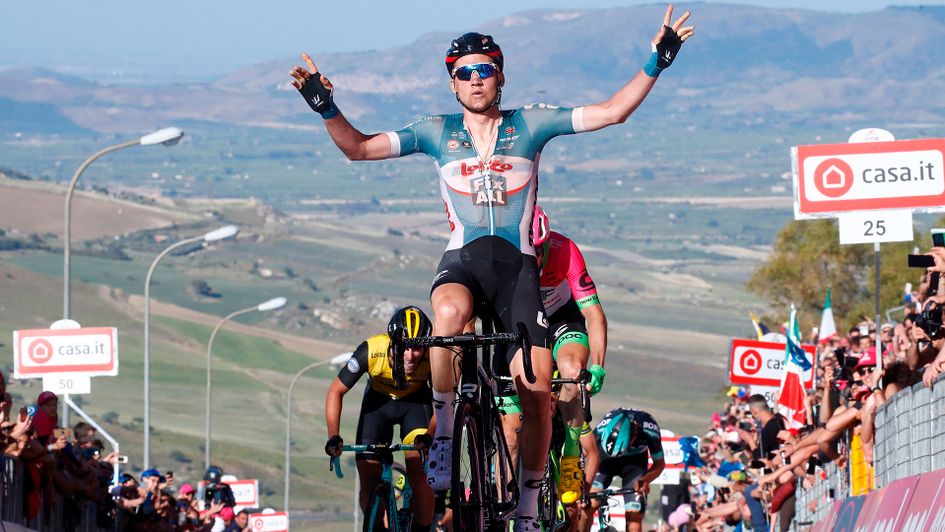 Tim Wellens celebrates his stage four victory at Giro d'Italia
