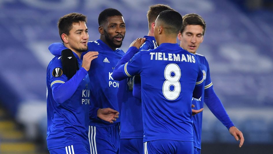 Leicester celebrate Cengiz Under's (left) goal against AEK Athens