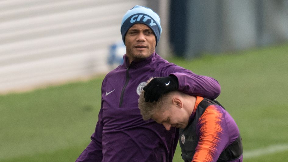 Vincent Kompany and Oleksandr Zinchenko in Manchester City training