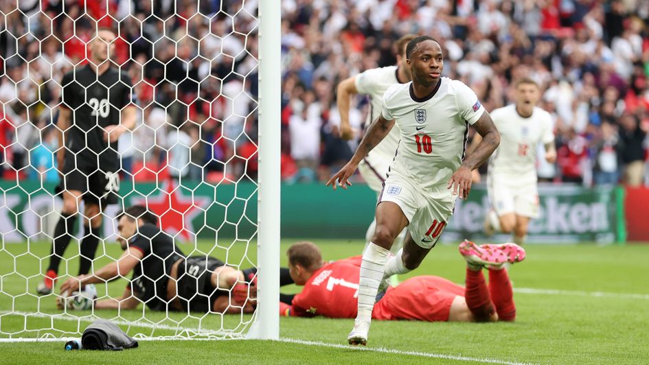 Raheem Sterling celebrates his goal against Germany