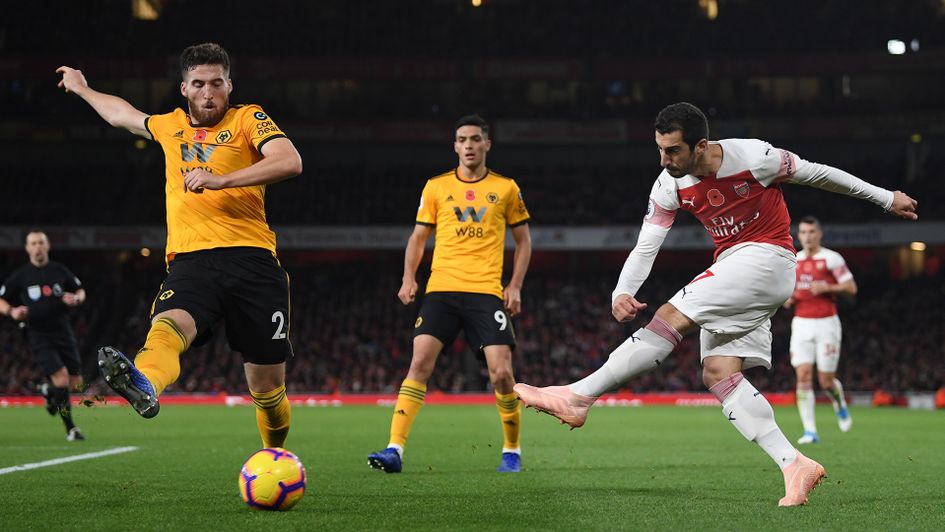 Henrikh Mkhitaryan scores in the 86th minute for Arsenal against Wolves