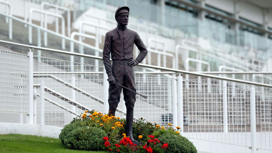 Lester Piggott statue at Epsom on Derby day morning