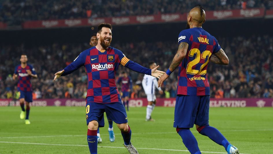 Lionel Messi celebrates his brace for Barcelona against Real Valladolid
