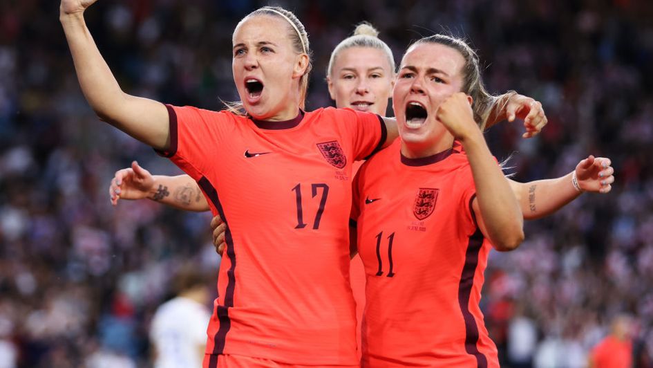 England players Beth Mead, Bethany England and Lauren Hemp celebrate