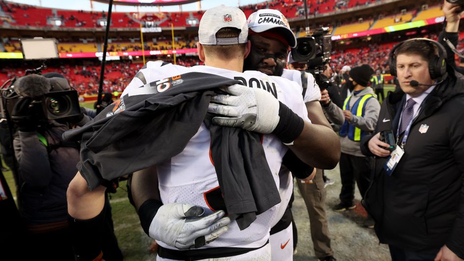 The Bengals' Joe Burrow celebrates defeating Kansas City Chiefs in the AFC Championship Game
