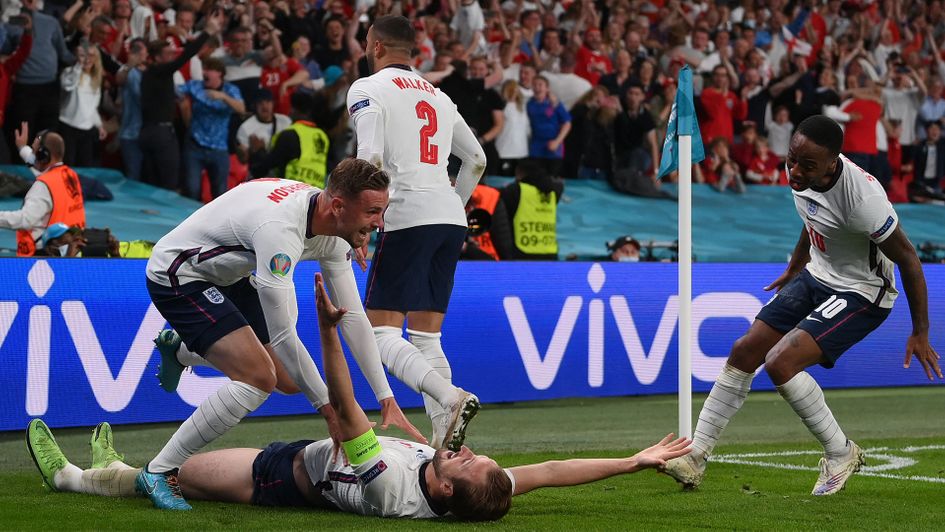 England celebrate Harry Kane's goal against Denmark