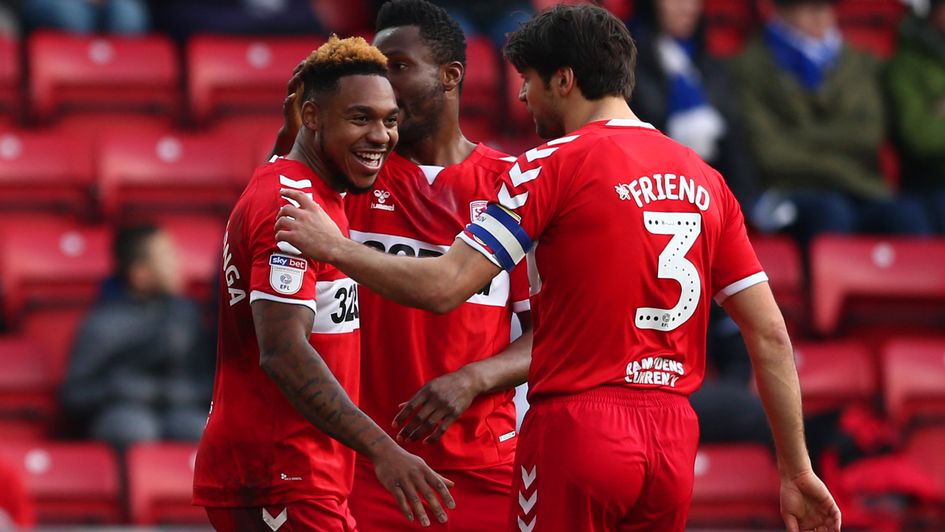 Middlesbrough celebrate Brit Assombalonga's (left) goal at Blackburn in the Sky Bet Championship