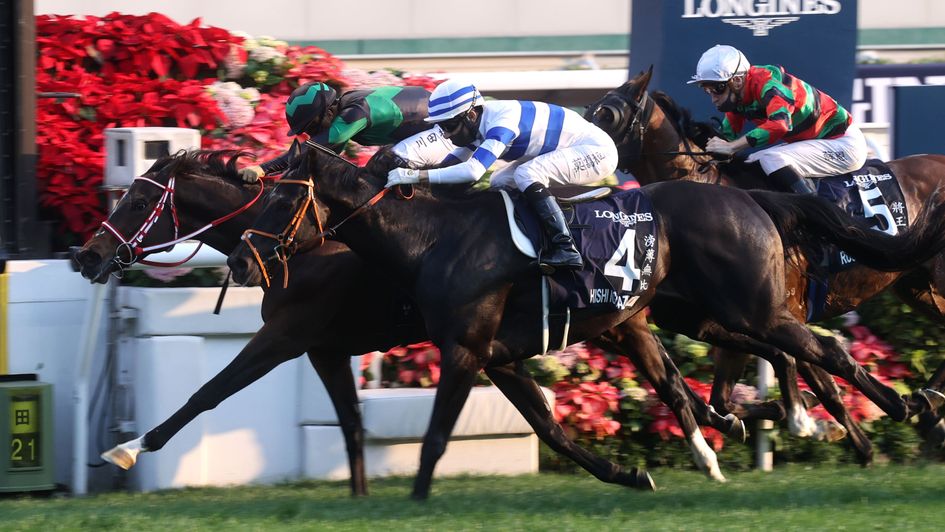 Loves Only You (green and black silks) wins narrowly at Sha Tin