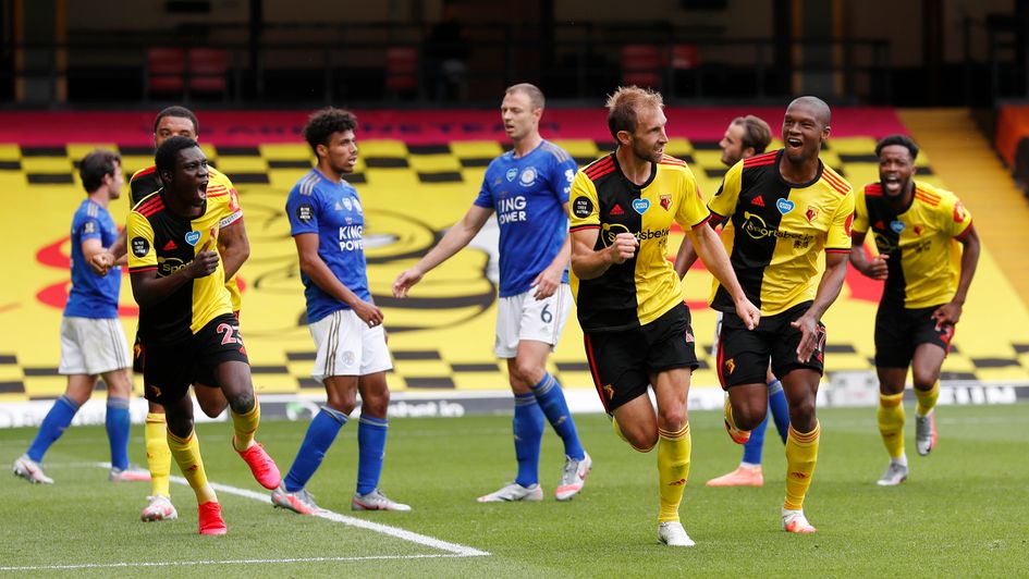 Craig Dawson: Watford defender celebrates his late equaliser against Leicester in the Premier League
