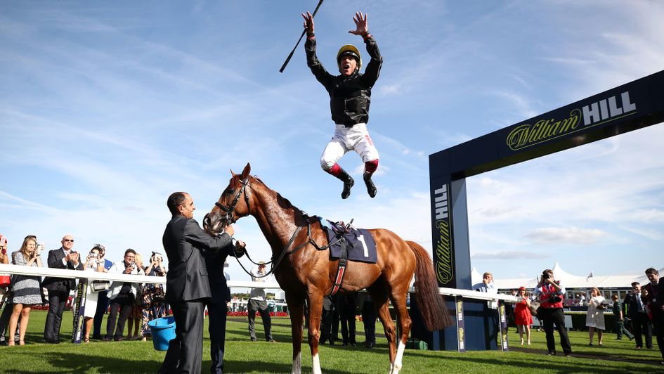 Frankie Dettori leaps from Stradivarius